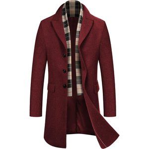 Men's Wool Blend Coat Scarf Notched Collar Pea Coat Trench Overcoat-Wine Red